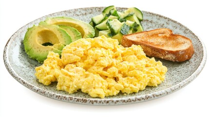 A plate with scrambled eggs, avocado slices, and a piece of toast.