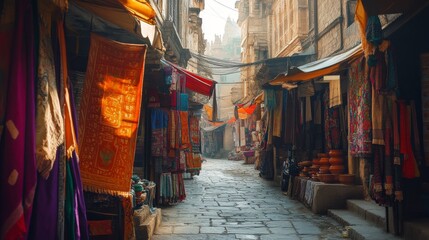 Obraz premium Bustling narrow alleyway lined with colorful fabric shops displaying hanging textiles in vibrant saffron and crimson, local vendors arranging handpainted ceramic pottery, ancient stone temples and