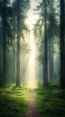 Fototapeta premium Misty forest path bathed in sunlight