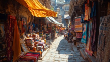 Fototapeta premium Bustling narrow alleyway lined with colorful fabric shops displaying hanging textiles in vibrant saffron and crimson, local vendors arranging handpainted ceramic pottery, ancient stone temples and