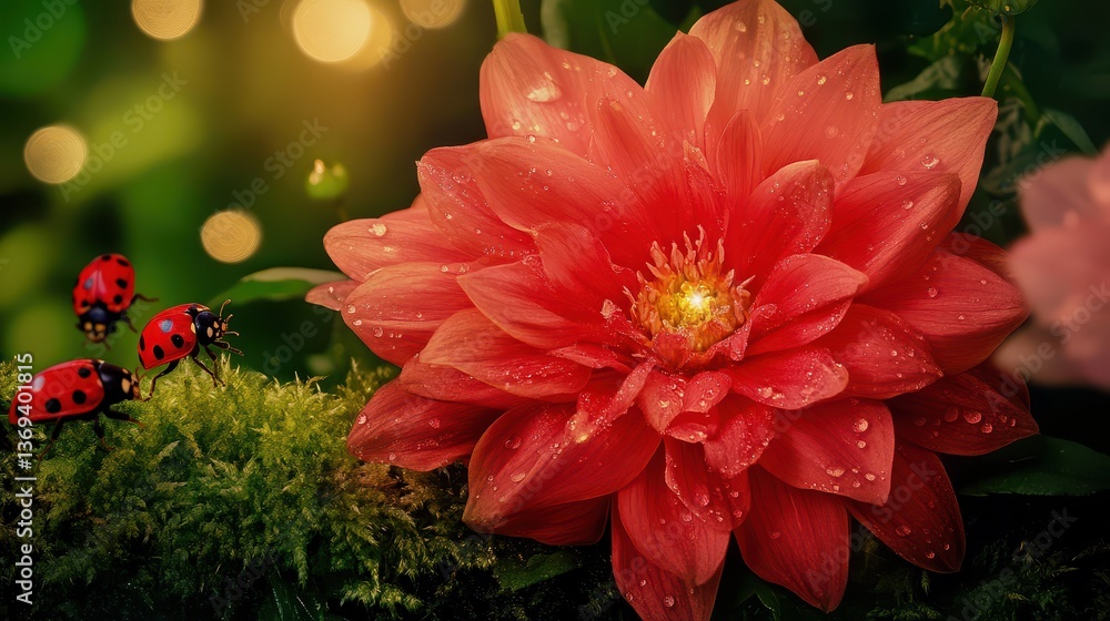 Poster realistic seamless pattern of red flower with ladybugs and soft bokeh background for nature and bota