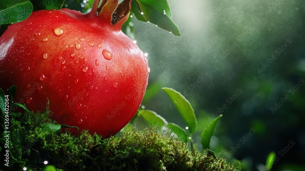 Poster realistic seamless pattern of fresh red pomegranate with green leaves and dewdrops in nature backgro