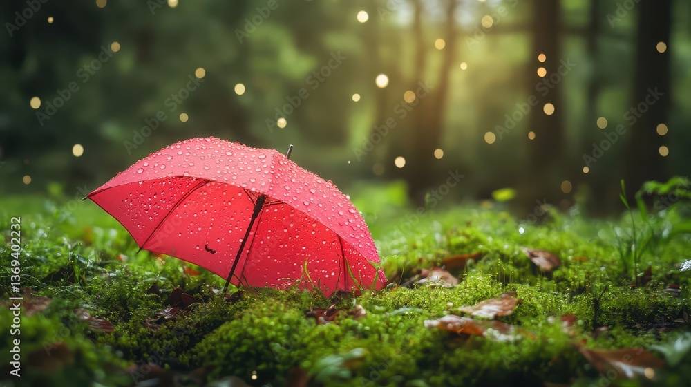 Poster realistic seamless pattern of a red umbrella among green grass with dew drops and bokeh background i