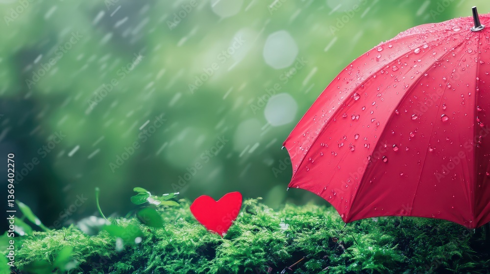 Poster seamless realistic pattern featuring a red umbrella in a rainy environment with heart element and gr