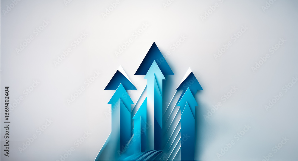 Poster blue arrows point upwards on a white backdrop, symbolizing progress and direction. layered design cr