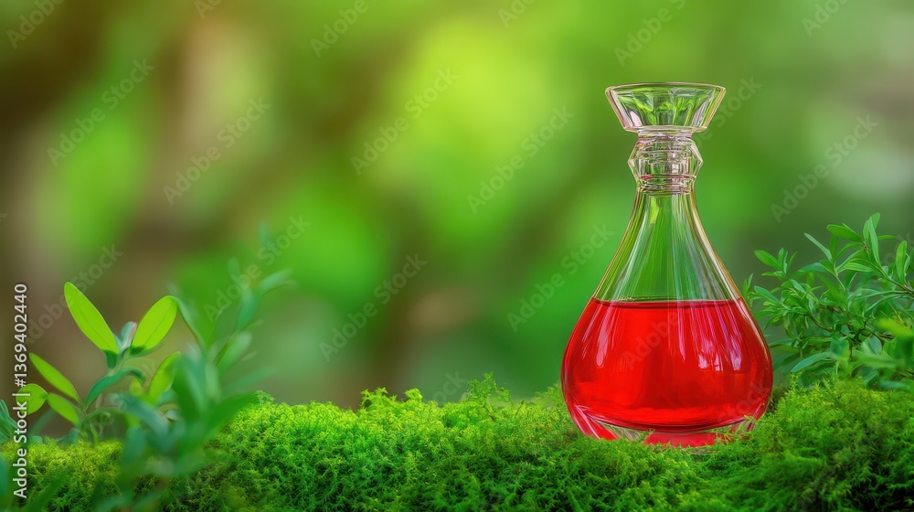 Poster elegant and realistic ruby red perfume bottle surrounded by lush greenery for seamless pattern backg