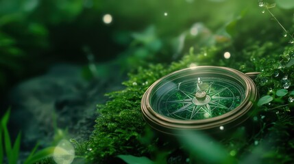 Realistic Sapphire Compass on Lush Green Terrain Surrounded by Nature and Glimmering Drops of Water in a Seamless Pattern for Scenic Designs