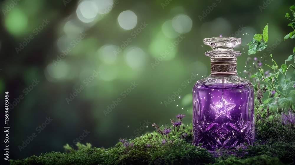 Poster realistic seamless pattern of violet perfume bottle surrounded by lush greenery and soft bokeh, perf