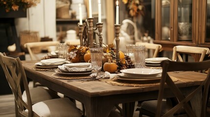 Rustic table setting: autumnal harvest, candles, plates.