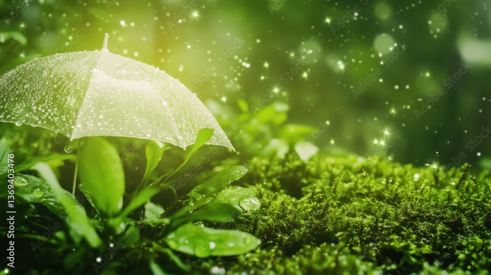 Poster realistic seamless pattern featuring white umbrella with natural greenery and sparkling raindrops fo