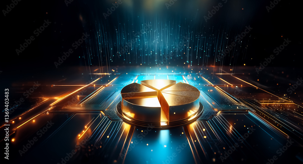 Poster futuristic digital platform illuminated in blue and gold. circuit lines radiate from the center, cre