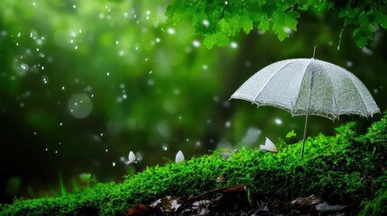 Fototapeta premium Realistic and Seamless Pattern Featuring White Umbrella Surrounded by Lush Greenery and Delicate Raindrops in a Tranquil Nature Setting