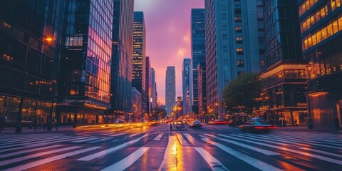 A vibrant cityscape at dusk, showcasing skyscrapers and bustling streets.
