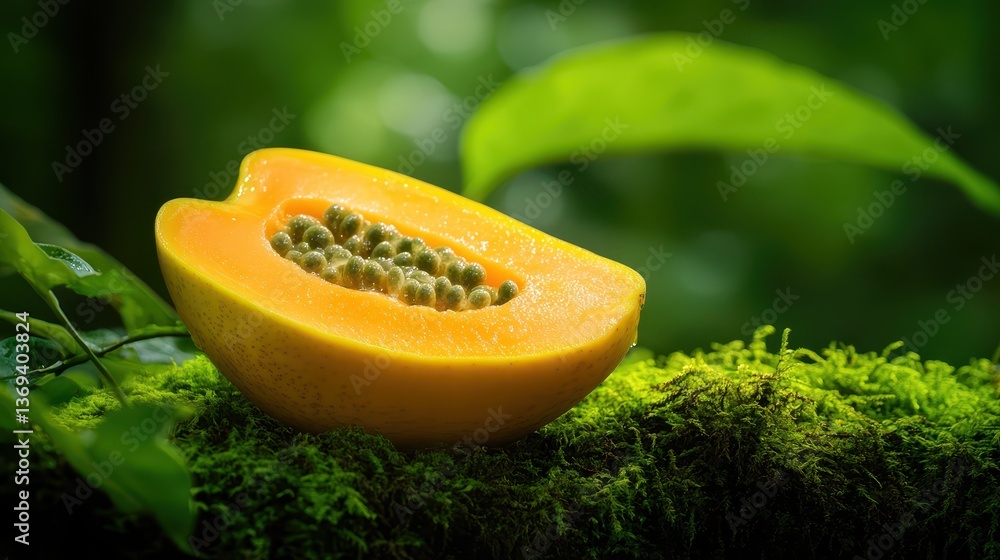 Poster realistic seamless pattern of yellow papaya slices on natural background with greenery and texture f