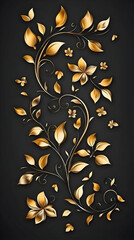 Elegant Golden Floral Design on Black Background: A Luxurious 2D Illustration of Intertwined Leaves and Flowers, Creating a Sophisticated and Ornate Pattern