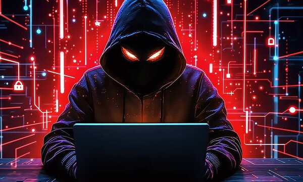 Hooded Figure Using Laptop Against Red Circuit Board Background