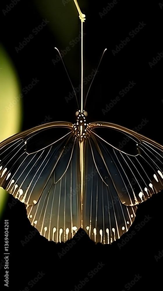 Poster stylized butterfly wings displaying intricate vein patterns against a dark background, digital illus