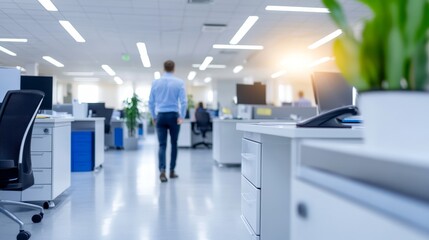 Professional in a Modern Office Space Walking Towards Bright Natural Light with Workstations