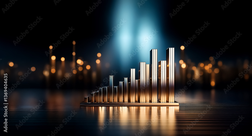 Poster metallic bar chart reflects on a dark surface with bokeh lights in background. shiny columns represe