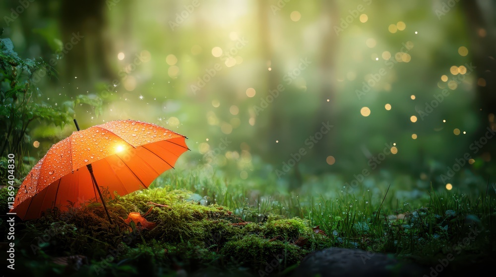 Poster realistic seamless pattern of an orange umbrella surrounded by nature with dew drops and soft bokeh 