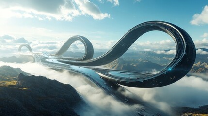 Obraz premium a futuristic infinity road shaped like a giant number nine, hovering above a breathtaking landscape with mountains and valleys partially hidden by misty clouds the roadâ€™s sleek black asphalt