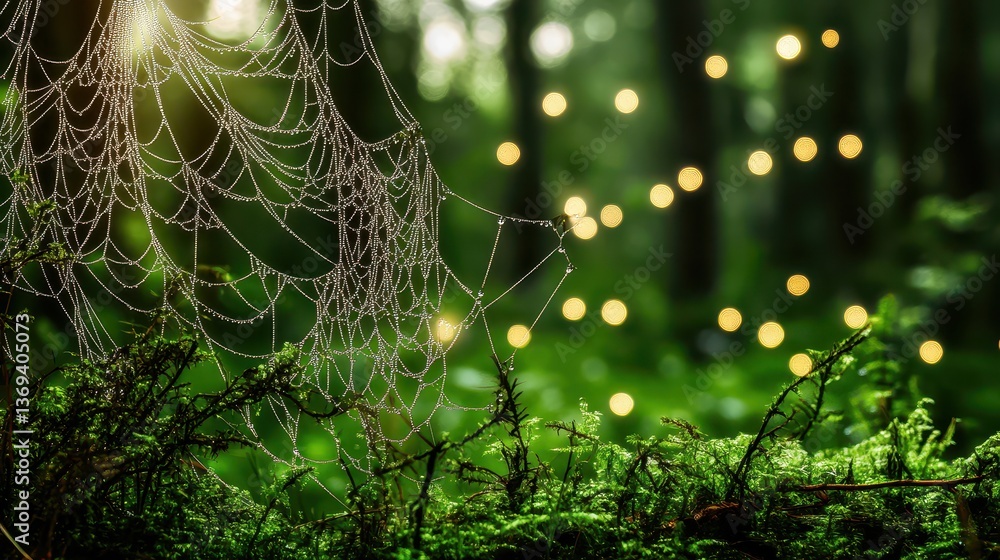 Poster realistic seamless pattern of delicate spider webs with dew glimmering in a lush green forest backgr