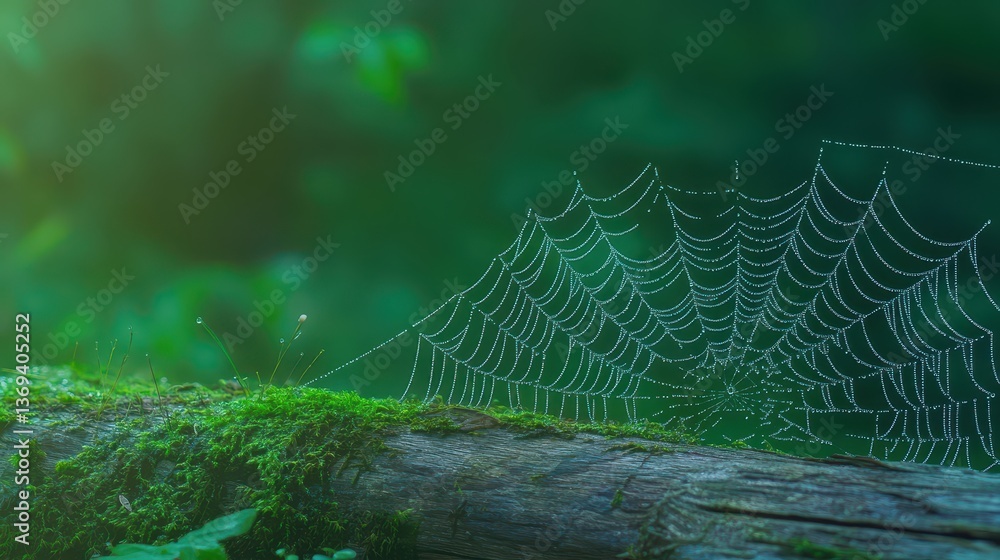 Poster realistic seamless pattern of glittering spider webs with dew drops set against a soft blurred green
