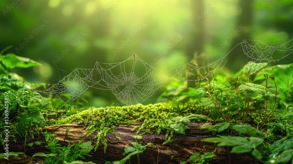 Poster realistic seamless pattern of dewy spider webs in sunlit forest with lush greenery and moss on a rus