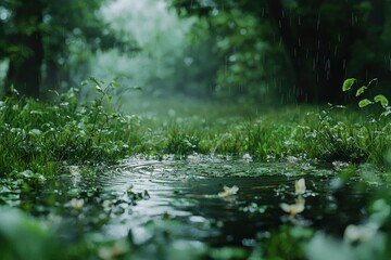 Fototapeta premium Exploring the Beauty of a Puddle in the Grass Reflecting Nature's Weather Phenomena and Natural Physics Energy