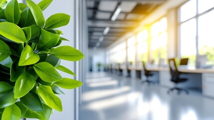 Lush green plant in a modern office space with bright sunlight streaming through large windows
