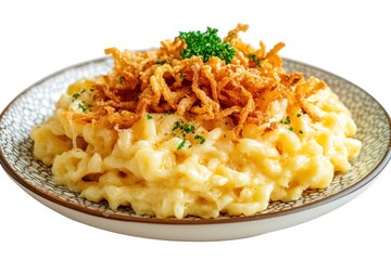A beautiful plate of kÃ¤sespÃ¤tzle, German cheese noodles topped with crispy fried onions, isolated on a transparent background.