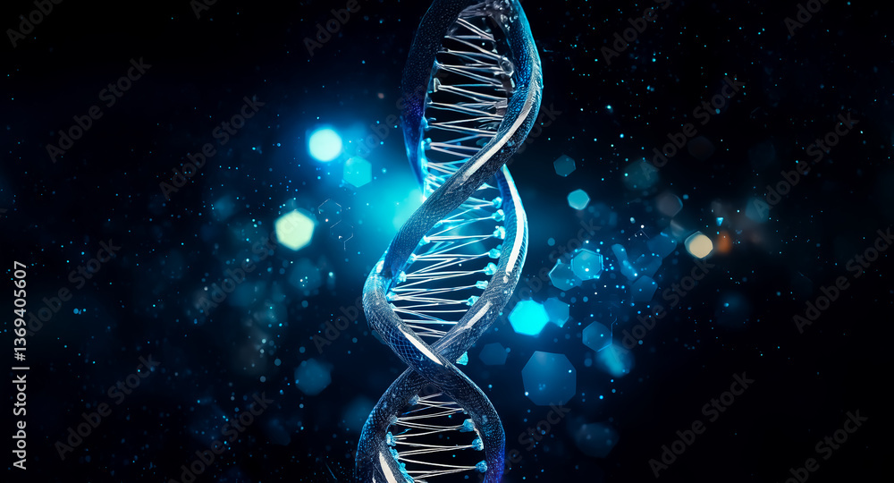 Aufkleber a stylized dna double helix glows against a dark, bokeh-lit background. the structure is silver and 
