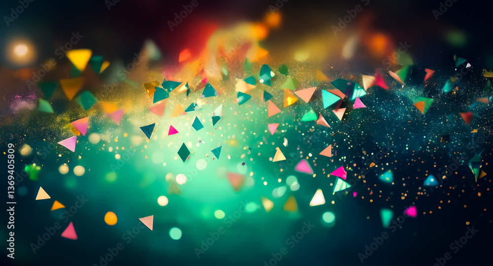 Poster abstract burst of vibrant confetti-like triangles and dots on a blurred teal background. a festive a