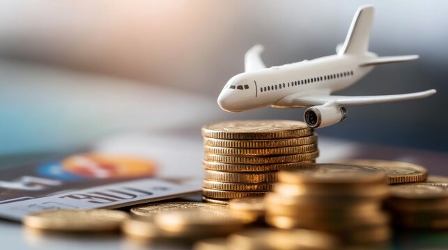 Miniature white commercial airplane ascending diagonal stack of gleaming gold coins, credit card with airline miles logo blurred in background, clean white studio setup, dramatic side lighting