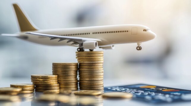 Miniature white commercial airplane ascending diagonal stack of gleaming gold coins, credit card with airline miles logo blurred in background, clean white studio setup, dramatic side lighting