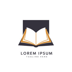 Book logo design with open book in front of a dark square background