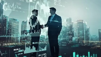 Business professionals shaking hands with financial graphs overlay and city skyline in the background - Powered by Adobe