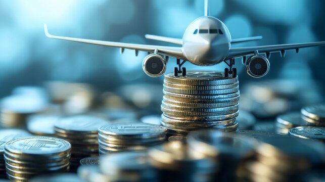 Modern passenger aircraft model balanced atop ascending spiral of silver and gold coins, floating loyalty program cards creating circular frame, soft gradient background in blue tones, professional