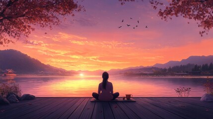 Obraz premium a peaceful riverside scene captures an asian woman sitting cross-legged on a wooden deck, facing the endless horizon with her hands behind her head, she leans back slightly, letting the fresh breeze