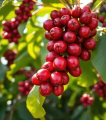 Ripe red coffee cherries clustered on a branch, sunlight dappled leaves, beverage, crop