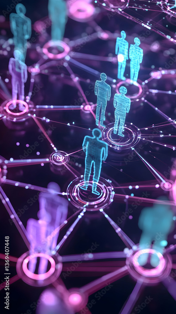 Aufkleber abstract 3d network illustration: digital human figures connected by glowing lines and nodes, repres