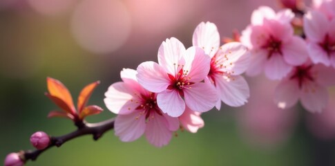 Fototapeta premium Delicate cherry blossom branch with pink petals, garden, floral, nature