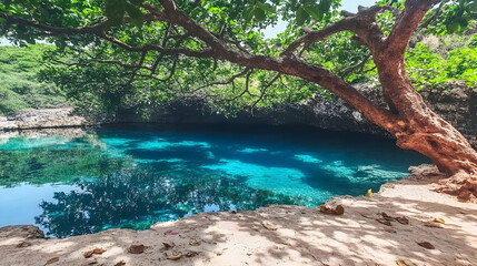 Vibrant Turquoise Water Pool Nestled Beneath Lush Tropical Tree Canopy, A Serene Natural Oasis.