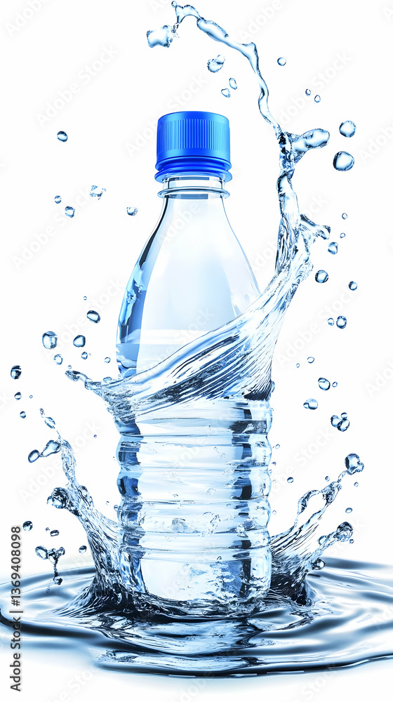 Poster refreshing water bottle immersed in a dynamic splash, creating a 3d rendered image with crystal-clea