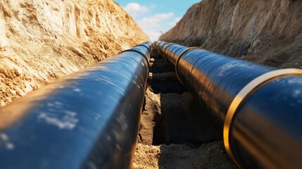 Underground pipeline installation in a trench with blue sky and earth background