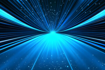 Fototapeta premium Abstract 3D Background: Blue Rays Converge in Bright, Dynamic Burst, Featuring Glowing Particles and a Futuristic Tunnel Design.