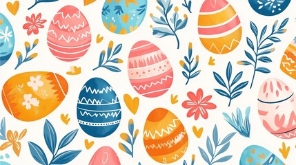 hand drawn colorful easter eggs and spring flowers on white background