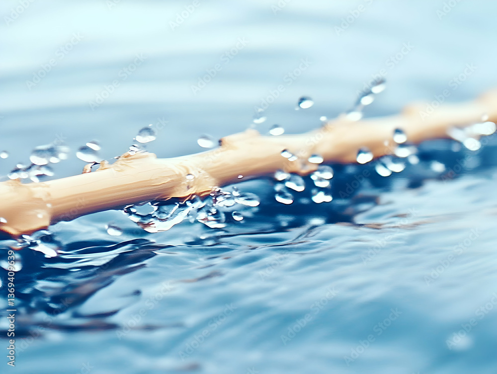 Poster abstract water droplets splashing on smooth beige rod, creating a serene aquatic background image