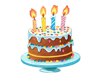 Vibrant and Festive Birthday Celebration, An Illustration of a Colorful Cake with Lit Candles Ready for the Party's Joyful Moment