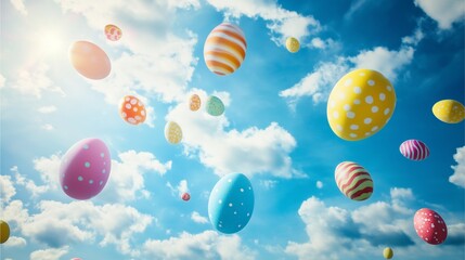 Colorful painted easter eggs flying in bright blue sky with sunlight and fluffy white clouds in spring atmosphere